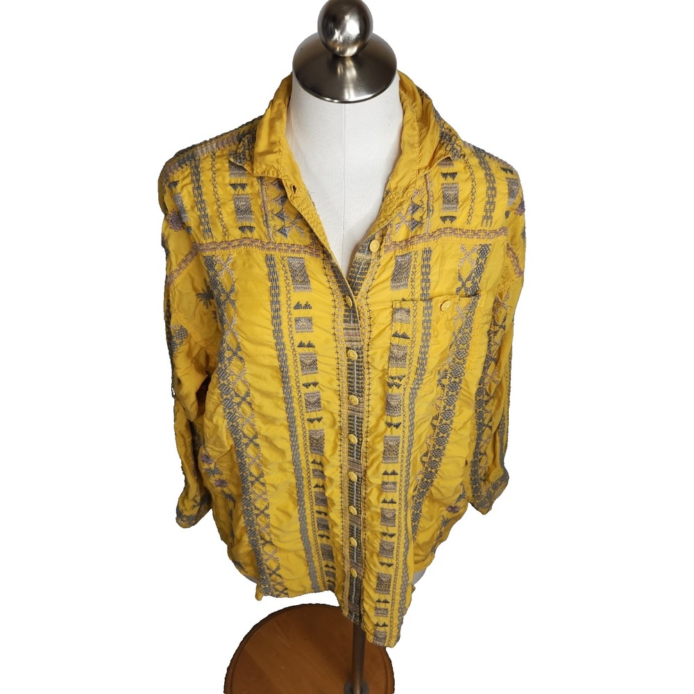 Johnny Was Pete &‎ Greta Womens XS Embroidered Button Up Shirt Floral Yellow